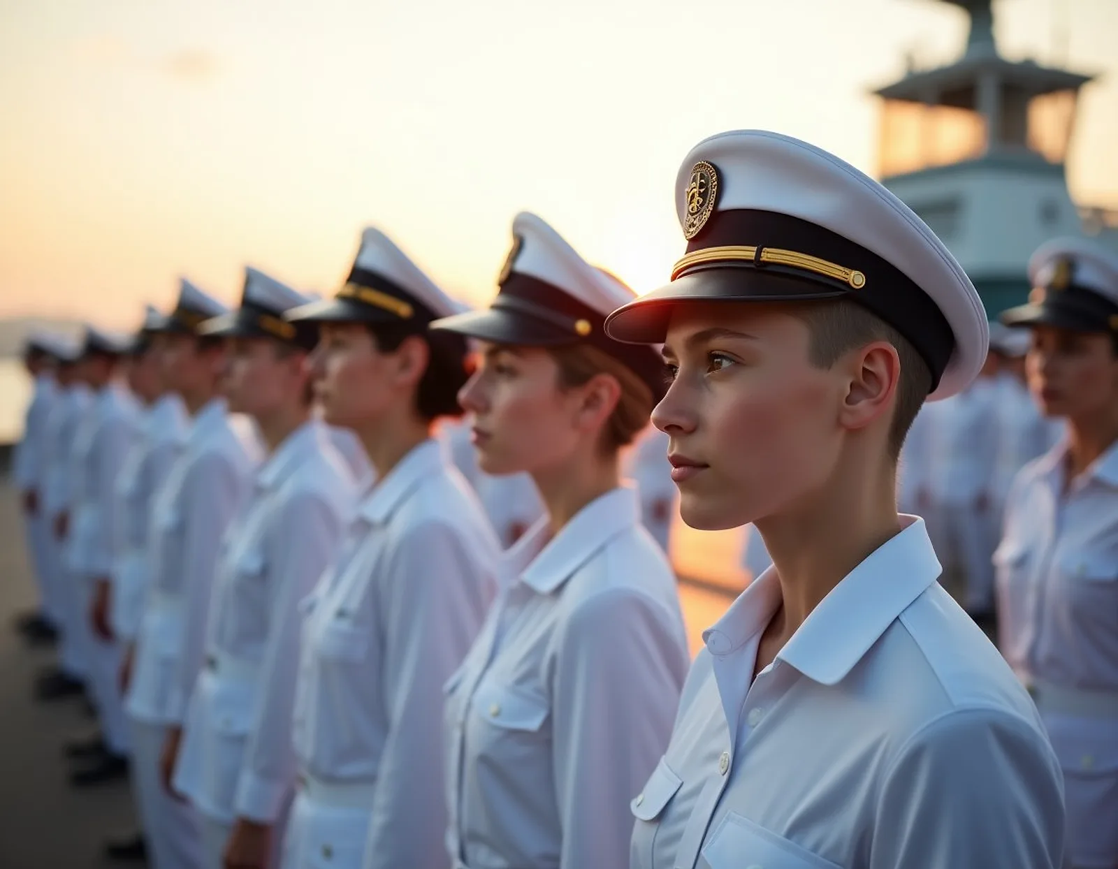 Maritime cadets in white uniforms in formation at a harbour