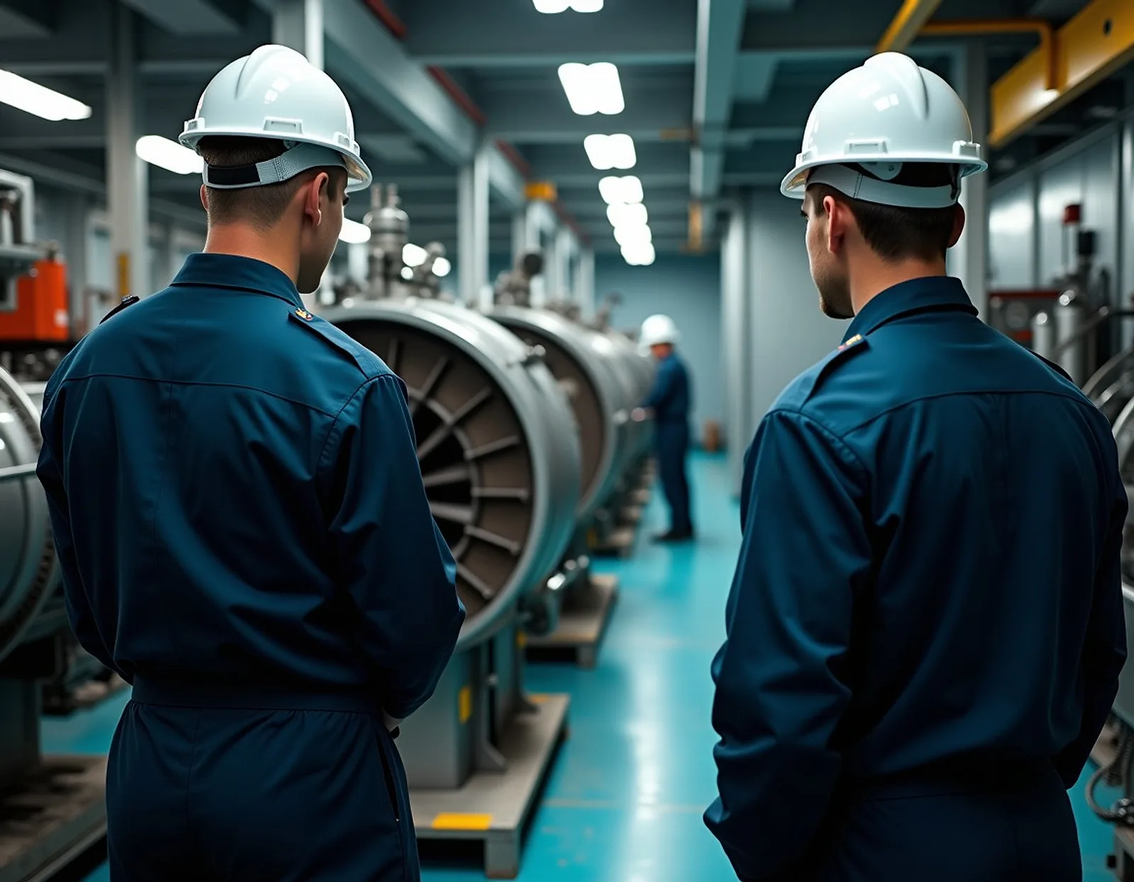 Marine engineers in navy coveralls beside large engine machinery