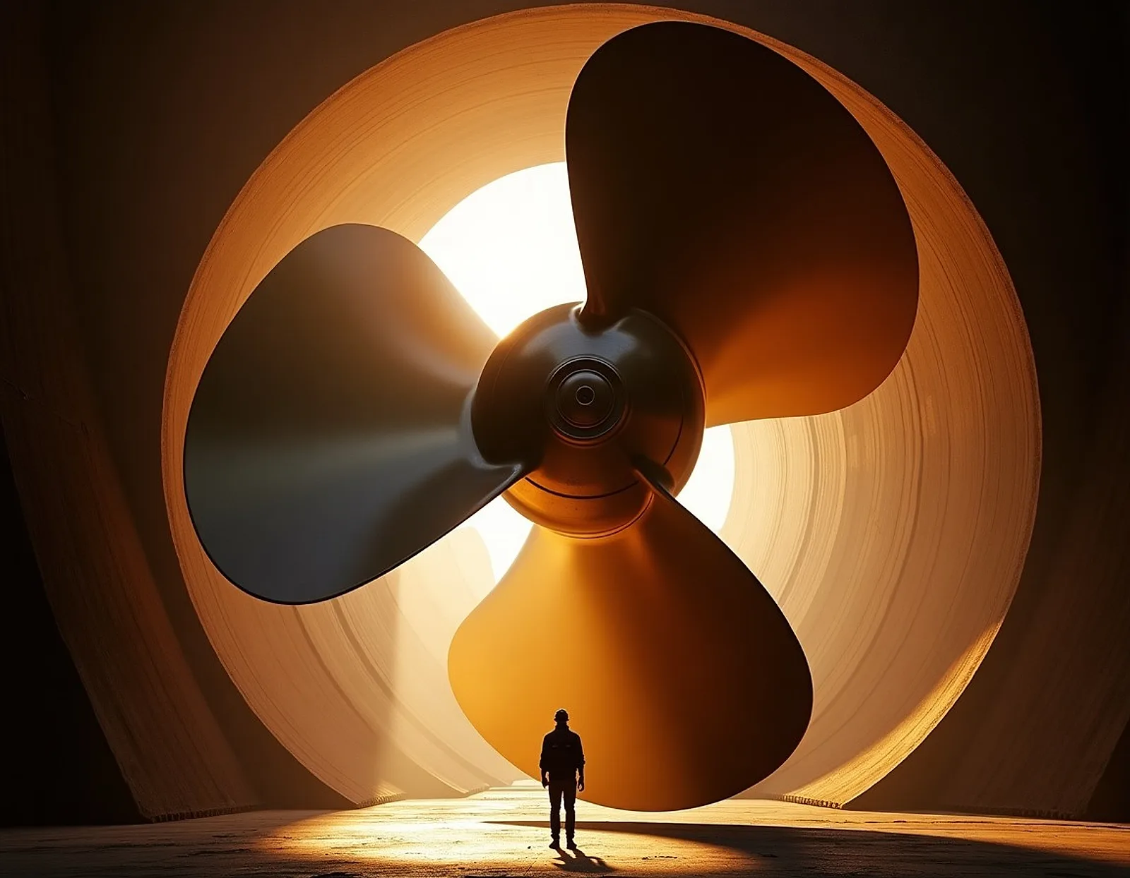 Giant bronze propeller in a dry dock with a worker for scale