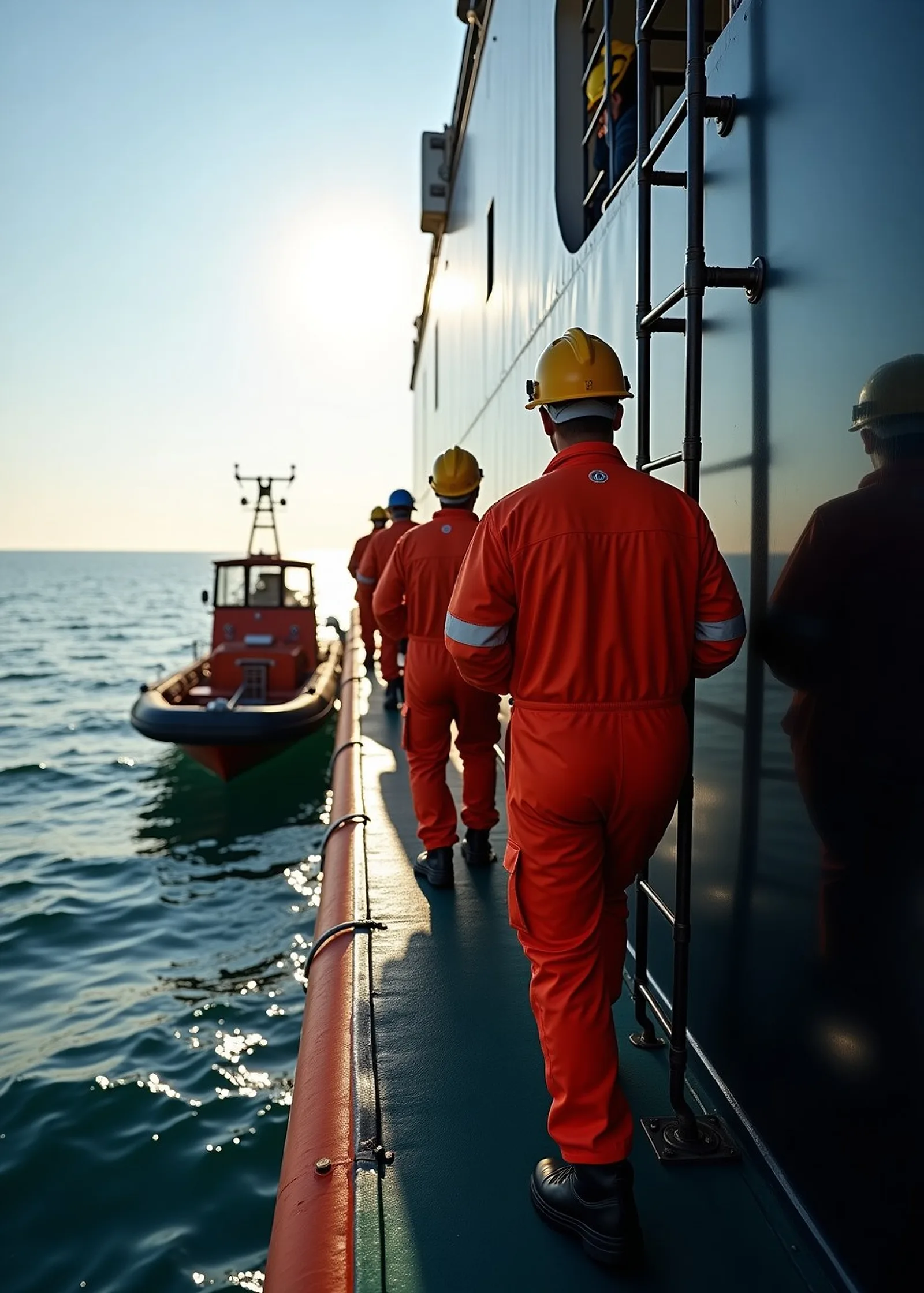 Repair technicians in orange coveralls boarding a ship from a launch