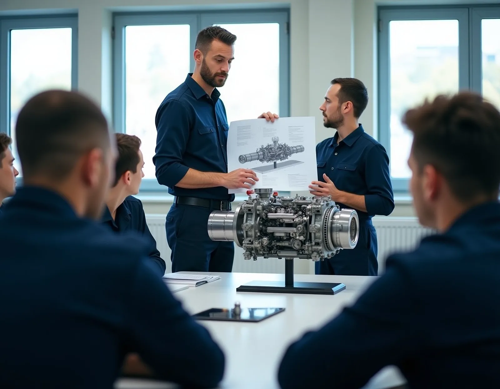 Instructor explaining an engine diagram to trainees